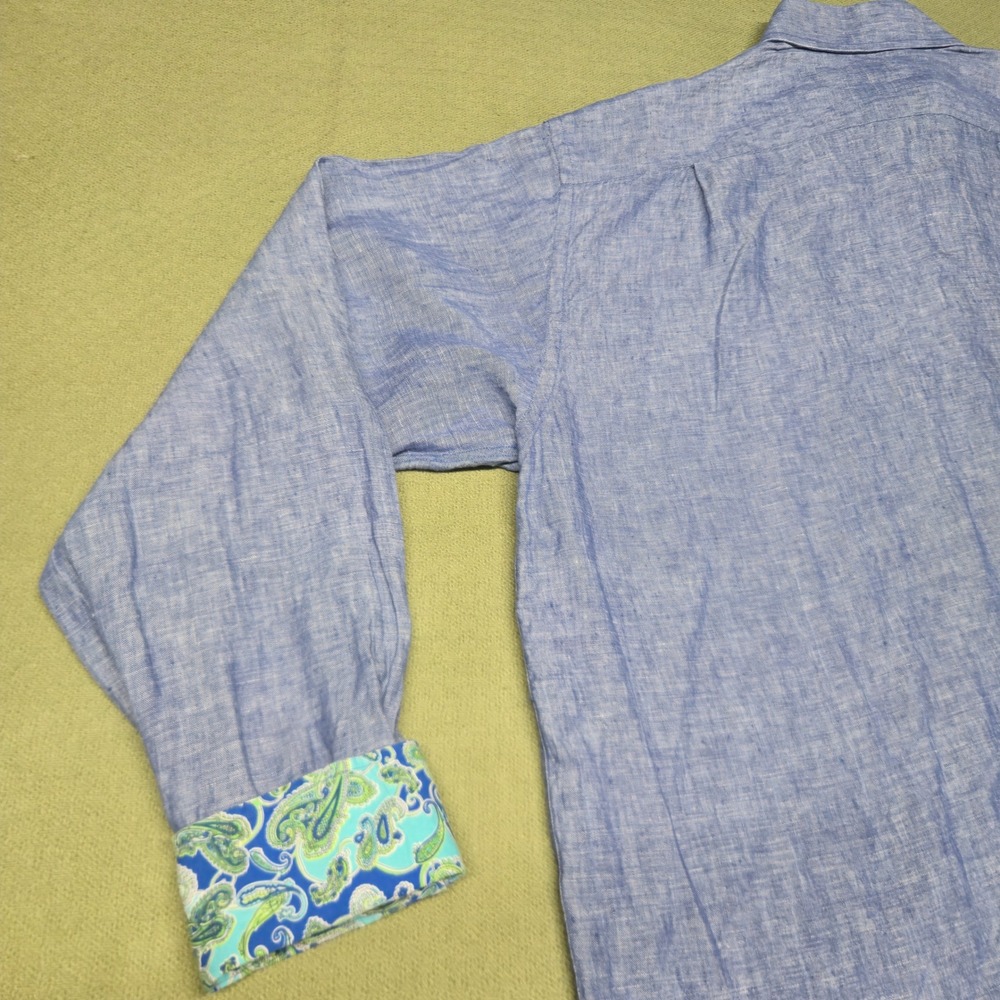 Visconti Uomo Mens Blue Linen Blend Button Down Shirt Paisley Cuff - Picture 15 of 16